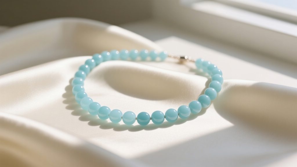 Light blue aquamarine beaded necklace on cream silk, soft morning sunlight casting gentle shadows across smooth 6mm round stones