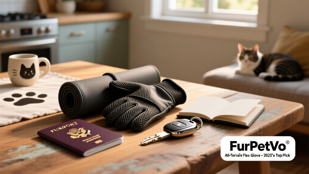 A rolled-up FurPetVo All-Terrain Flex Glove next to a passport and car keys, highlighting portability