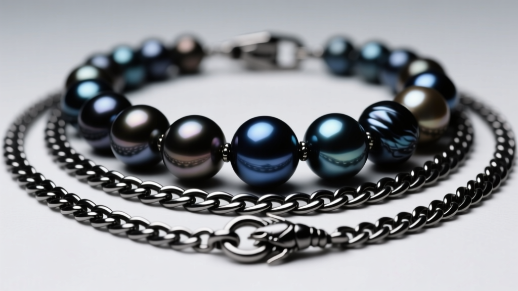 Macro shot of layered mens necklaces showing dark Tahitian pearls and a 3mm oxidized silver curb chain with a secure lobster clasp