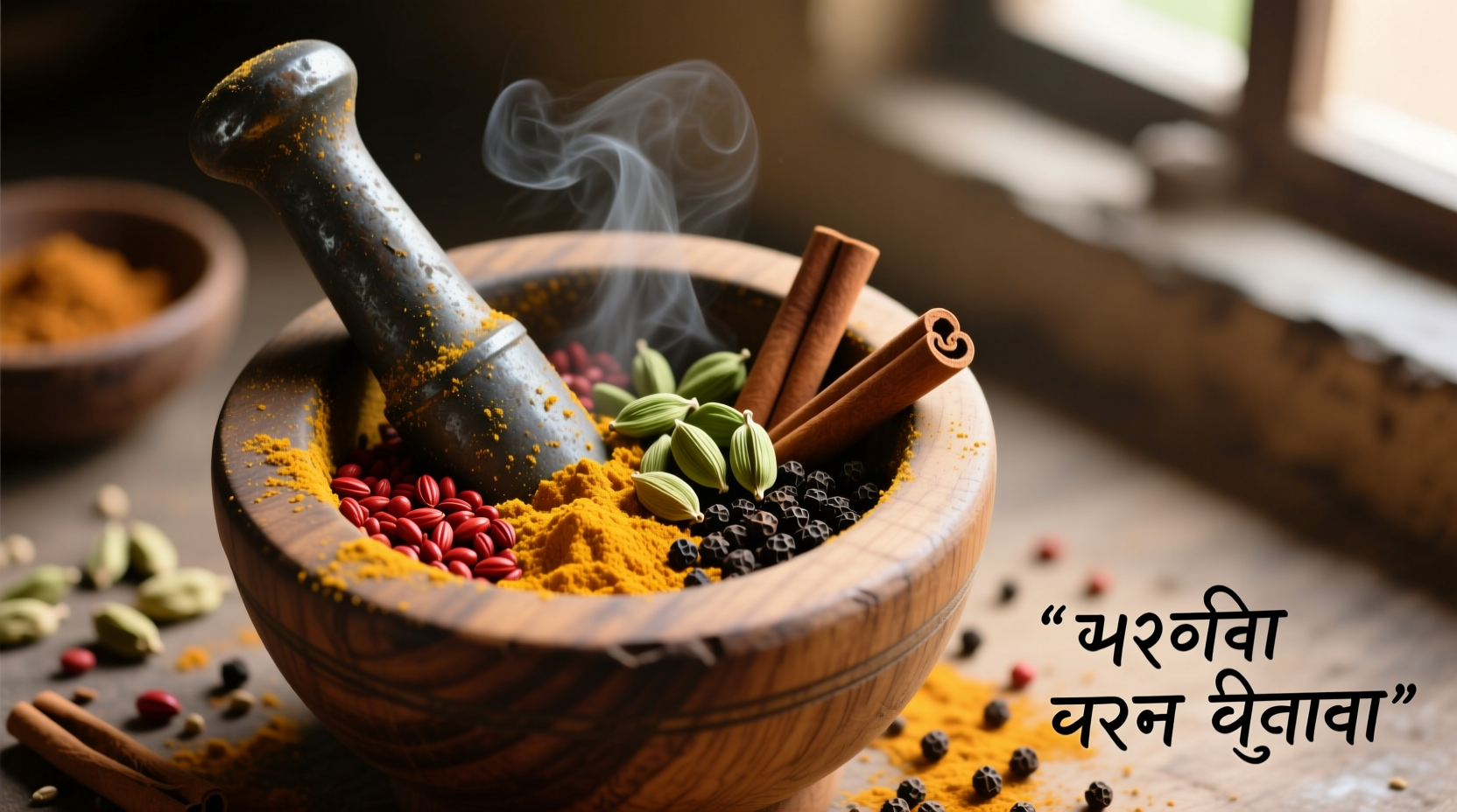 Homemade garam masala spices in mortar and pestle