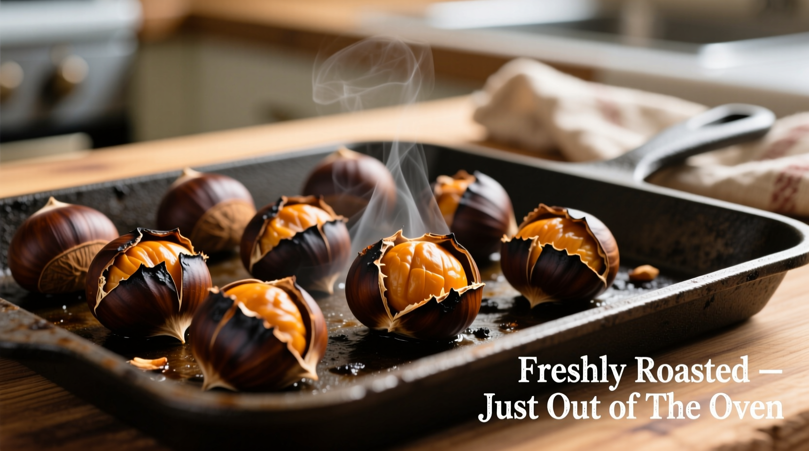 Freshly roasted chestnuts on baking sheet