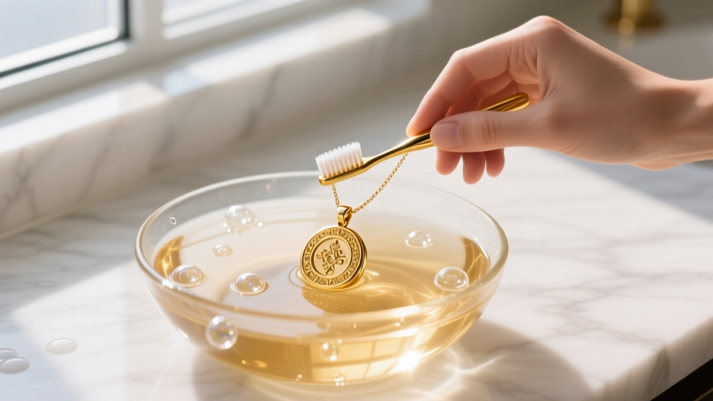 Hands brushing a gold pendant necklace with a soft toothbrush in a bowl of warm soapy water under bright natural light.