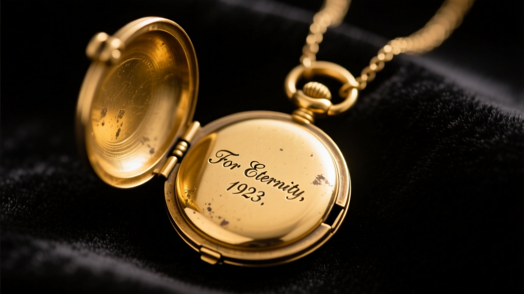 Close-up of a vintage gold locket necklace on dark velvet, showing a loose hinge and faded engraving under warm studio light.