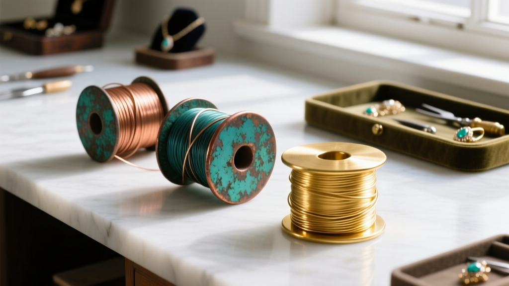 Oxidized copper wire and bright 14k gold-filled wire spools resting on a jeweler