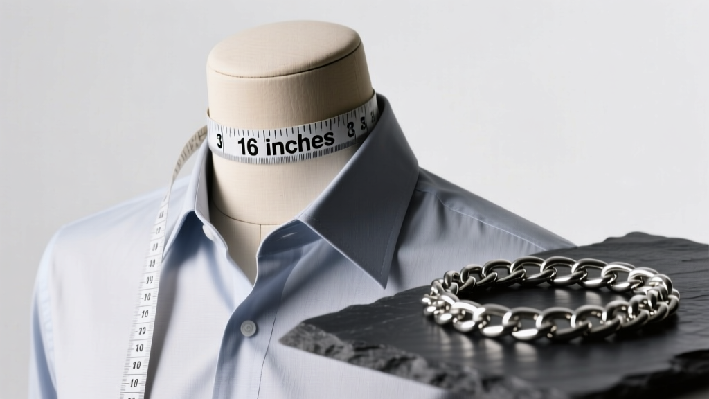 Tailor measuring tape wrapped around a male mannequin neck showing 16 inches, next to a thick silver Cuban chain on dark slate