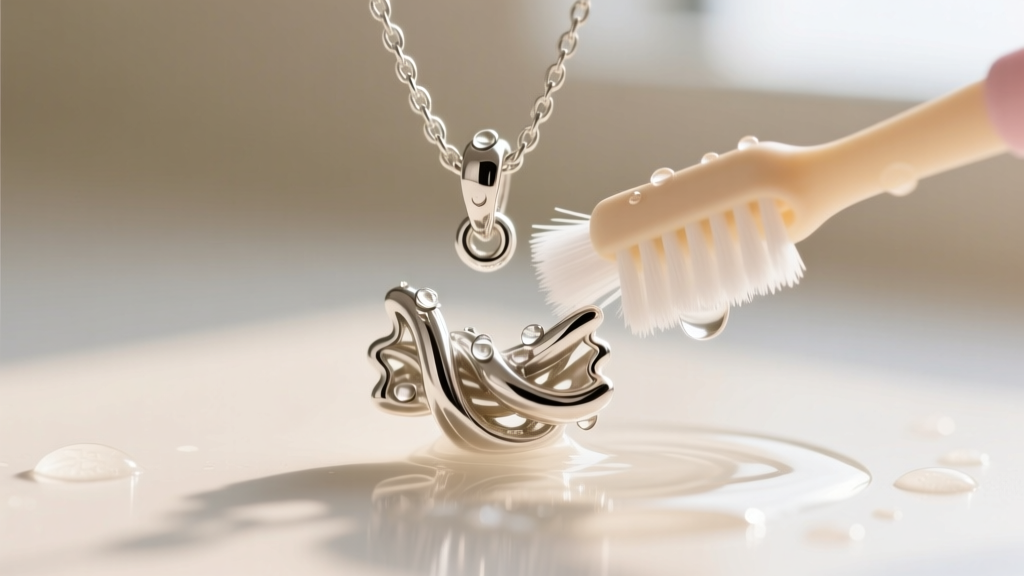 Macro shot of a sterling silver orzo pastina necklace charm being gently cleaned with a soft baby toothbrush and mild soapy water.