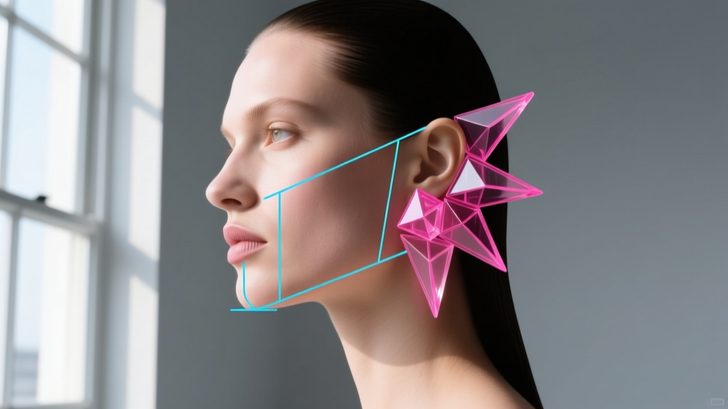 Technical line overlay on a model wearing oversized pink acrylic geometric studs, showing facial width and jawline angle mapping