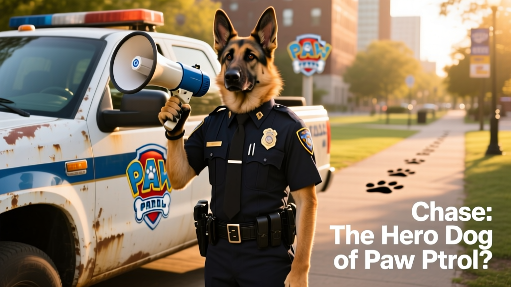 Chase the German Shepherd standing confidently in his police uniform, holding a megaphone beside his patrol truck