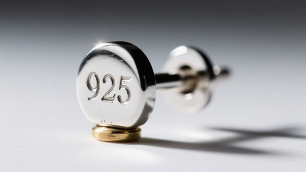 Close-up of a 20-gauge earring post showing a 925 stamp and slight silver plating wear near the brass base under bright lighting.