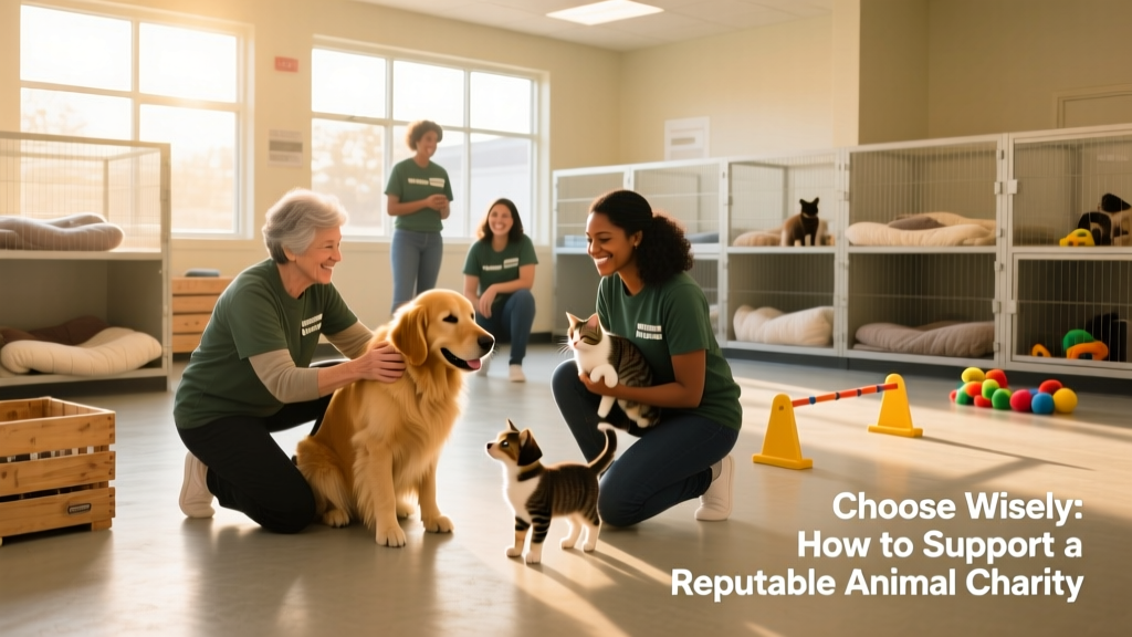 Volunteers at a clean, well-run animal shelter interacting with dogs and cats in spacious, sunlit enclosures