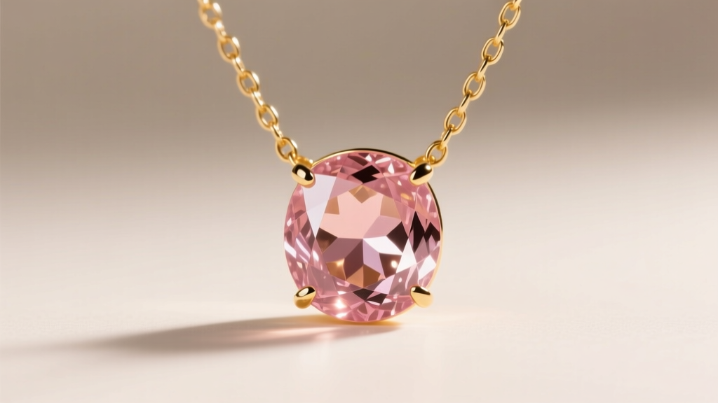 Macro shot of a bezel-set peach sapphire necklace on a gold chain, showing internal silk inclusions under bright studio lighting.