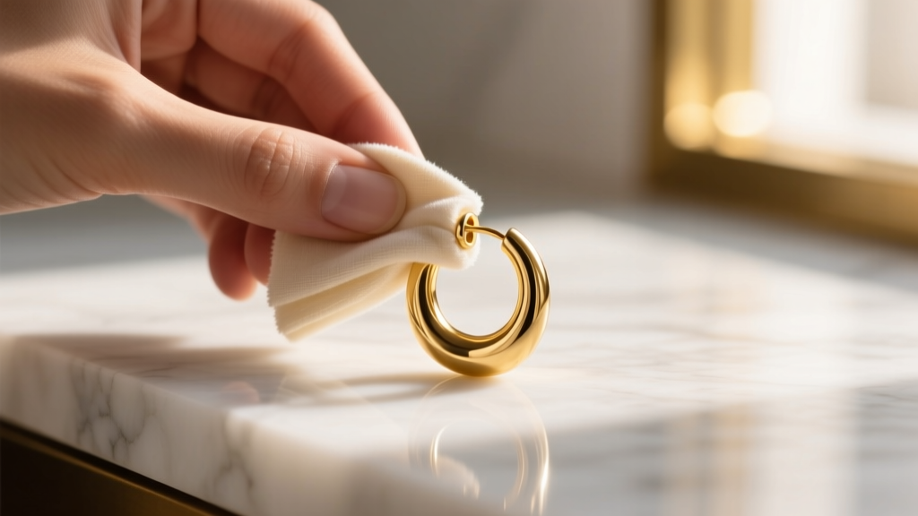 Hand polishing a 20-gauge gold huggie earring with a cloth against a blurred white marble vanity surface in warm morning light.