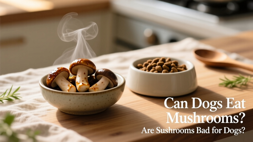 Small bowl of lightly sautéed shiitake and cremini mushrooms next to a dog food bowl, showing portion-appropriate serving size