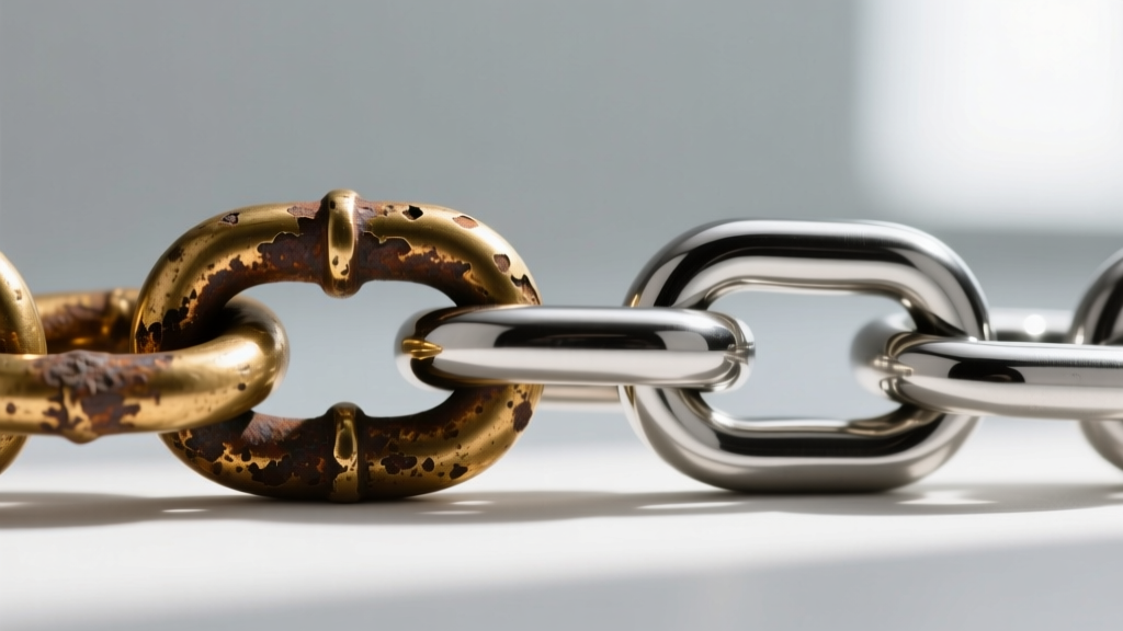 Macro photography comparing a heavily tarnished brass chain link next to a polished 316L stainless steel rope chain link.