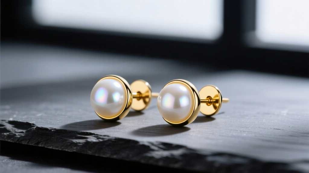 Pair of lustrous 10 mm white Akoya pearl stud earrings in 18k yellow gold with screw-back posts, resting on dark slate.