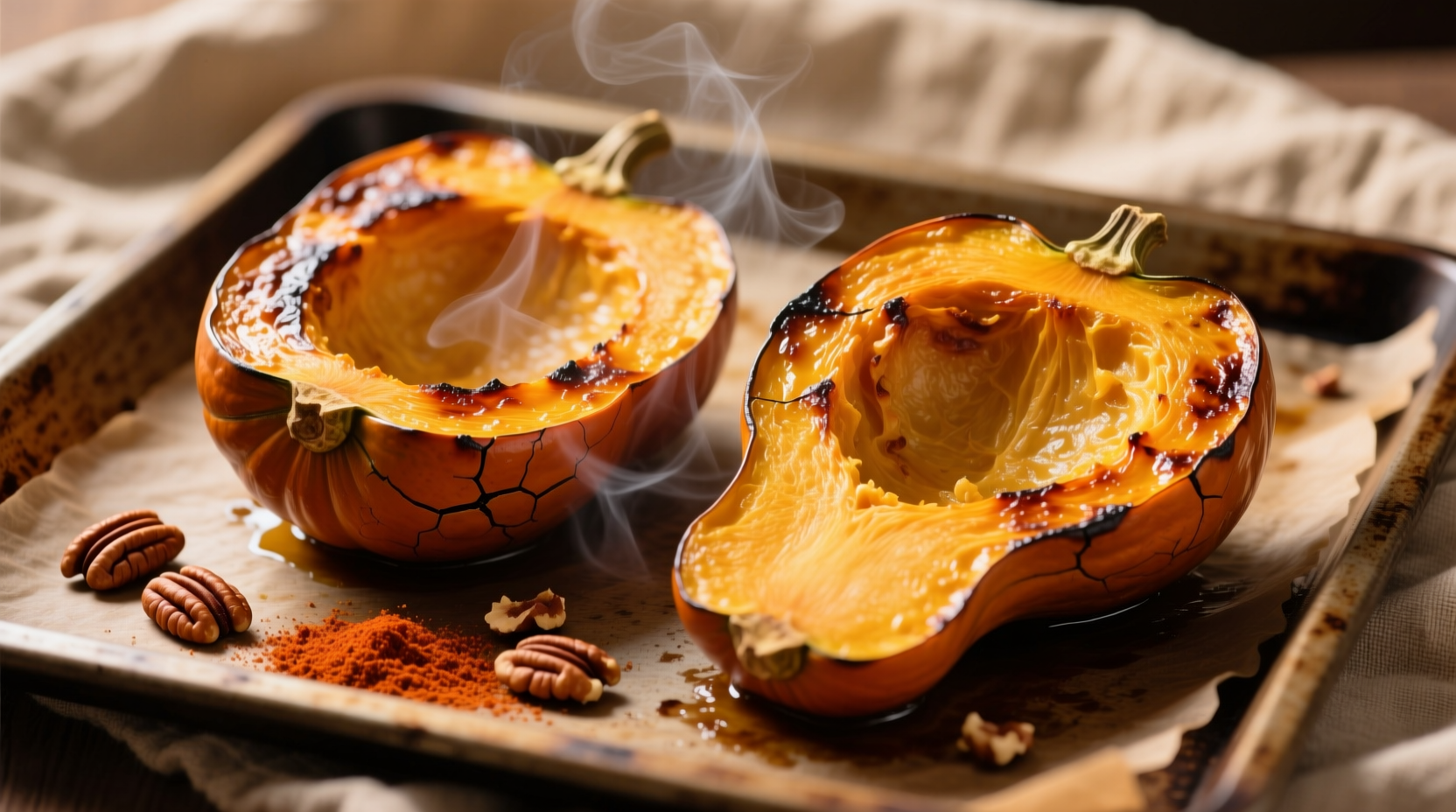 Perfectly roasted acorn squash halves on baking sheet