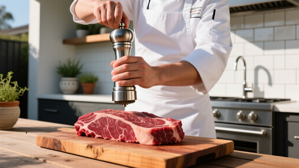 Chef twisting heavy-duty stainless steel pepper mill over raw brisket on wooden cutting board in bright outdoor patio kitchen