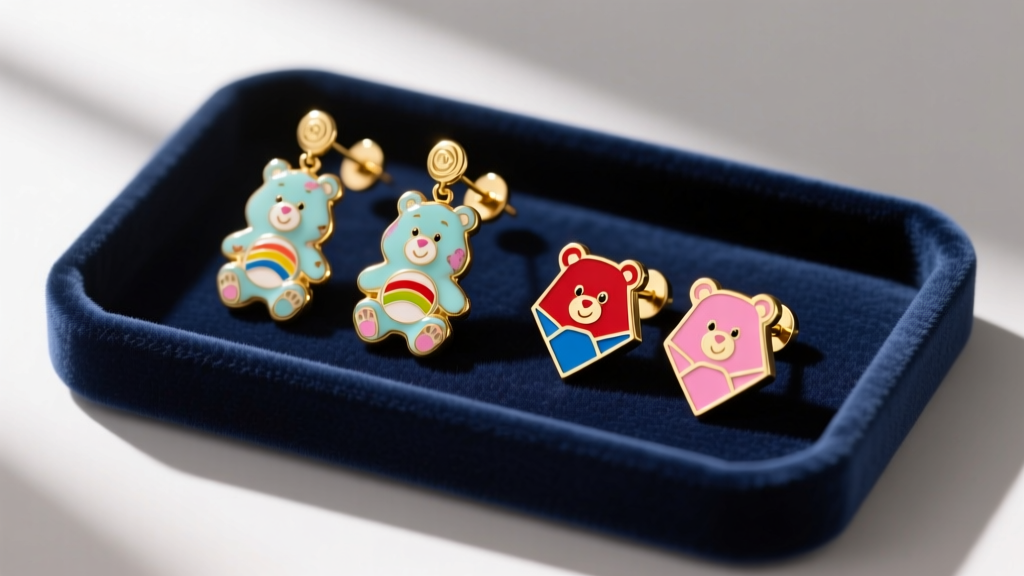 Flat-lay of vintage 1980s Care Bear clip-on earrings beside modern 14k gold enamel Care Bear studs on a dark navy velvet display tray