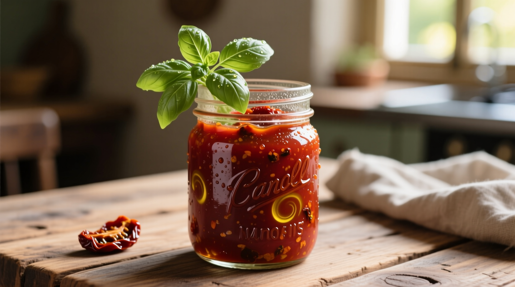 Homemade sun dried tomato dressing in mason jar with fresh basil garnish