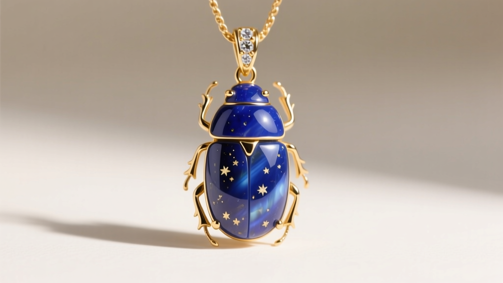 Macro shot of lapis lazuli scarab pendant in 18k gold, showing natural pyrite flecks within the deep blue gemstone.