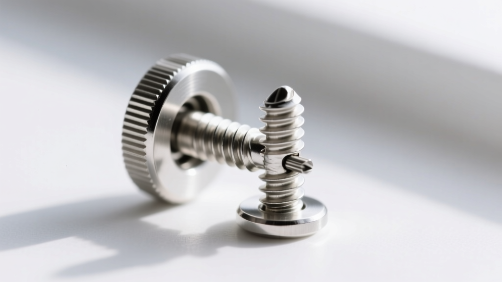 Extreme close-up of a threaded 20-gauge earring post screwing into a secure locking back, highlighting the precise metal threading.