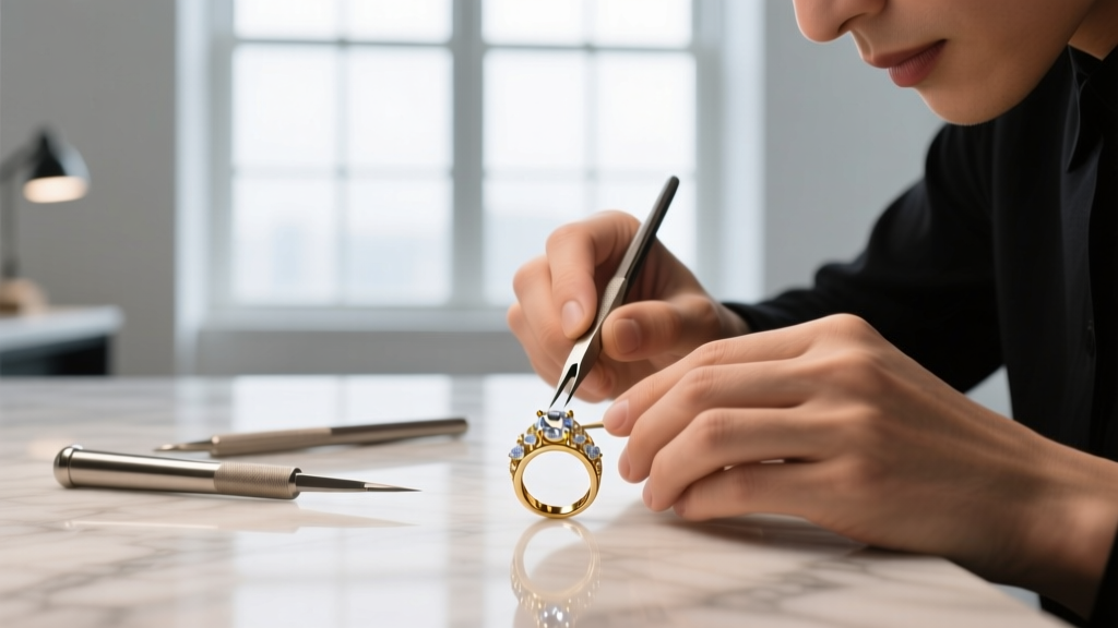 Jeweler's loupe examining a vintage 18k gold signet ring with engraving on a dark velvet workbench under warm light
