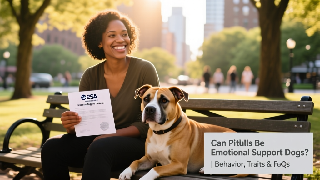A smiling person holding an ESA letter while seated next to their relaxed Pitbull, both looking confident and at ease