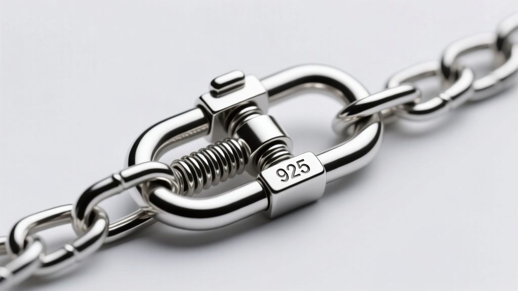 Macro of heavy lobster clasp on 8mm flat silver curb chain showing spring mechanism and 925 hallmark stamp in bright studio light.