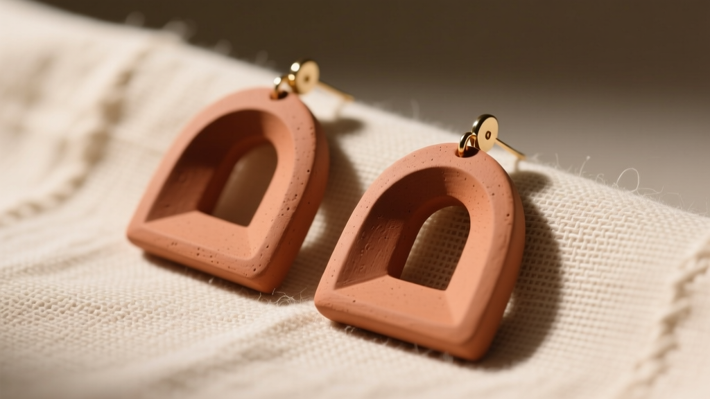Matte terracotta polymer clay earrings with geometric arches on raw linen fabric under soft, directional, and warm studio lighting