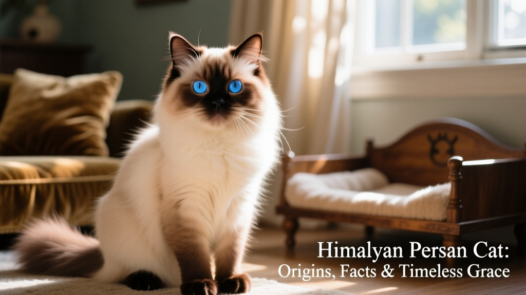 A close-up portrait of a Himalayan Persian cat showing its vivid blue eyes and pale cream face with dark brown points on ears, paws, and tail