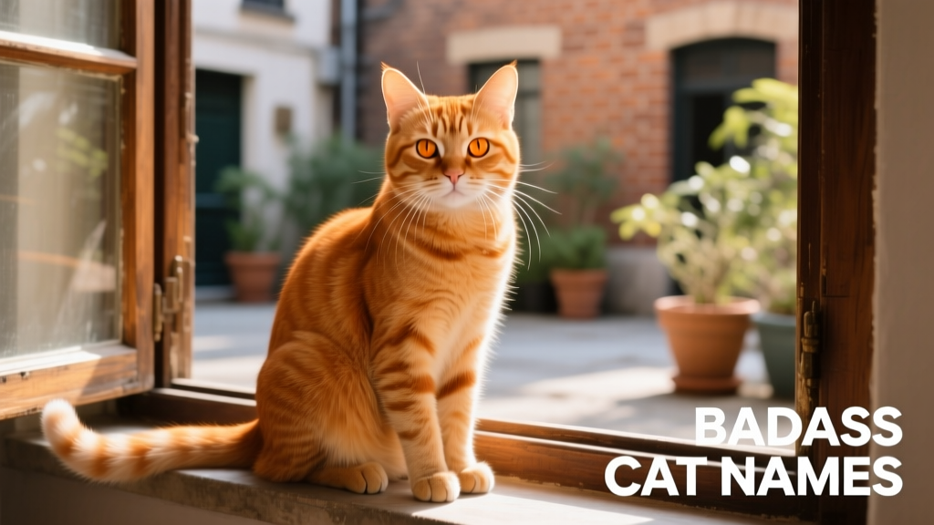 A confident orange tabby cat sitting on a sunlit window ledge, gazing boldly into the distance.