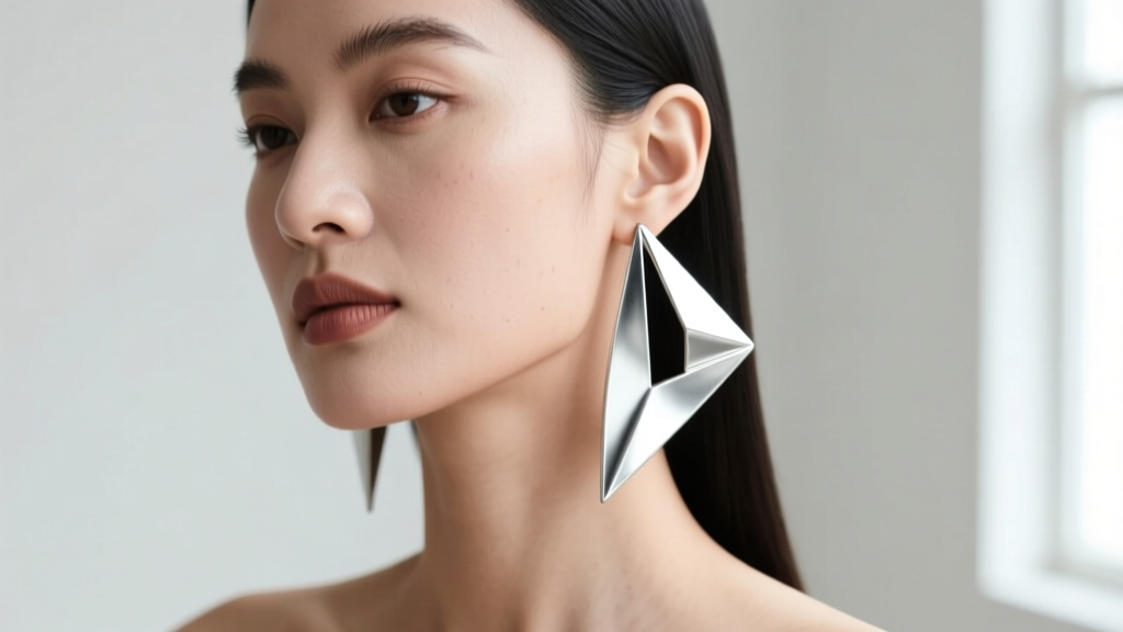 Profile of woman wearing large 20-gauge Argentium silver abstract plane earrings, highlighting lightweight drape on the earlobe.