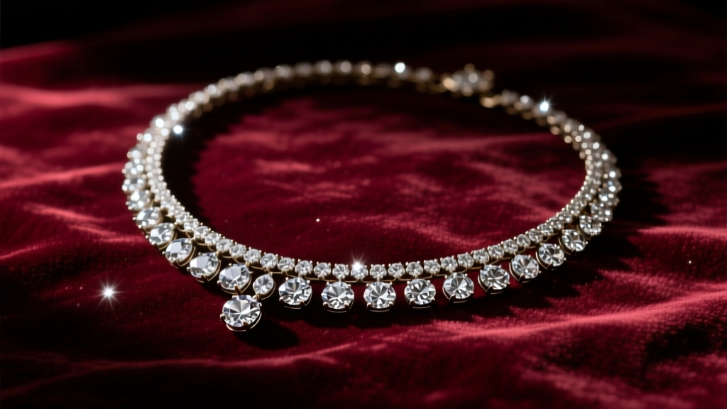 Vintage diamond riviere necklace resting on worn velvet, illuminated by dramatic chiaroscuro lighting evoking 19th-century Paris