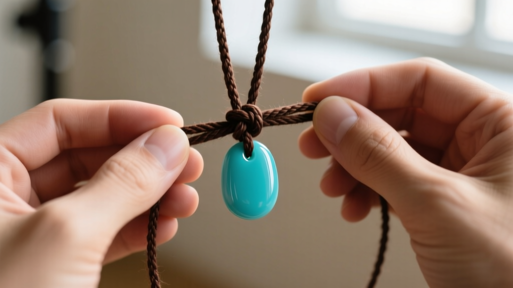 Hands tying a surgeon's knot with dark brown waxed linen twine around a polished turquoise pendant under soft, natural lighting