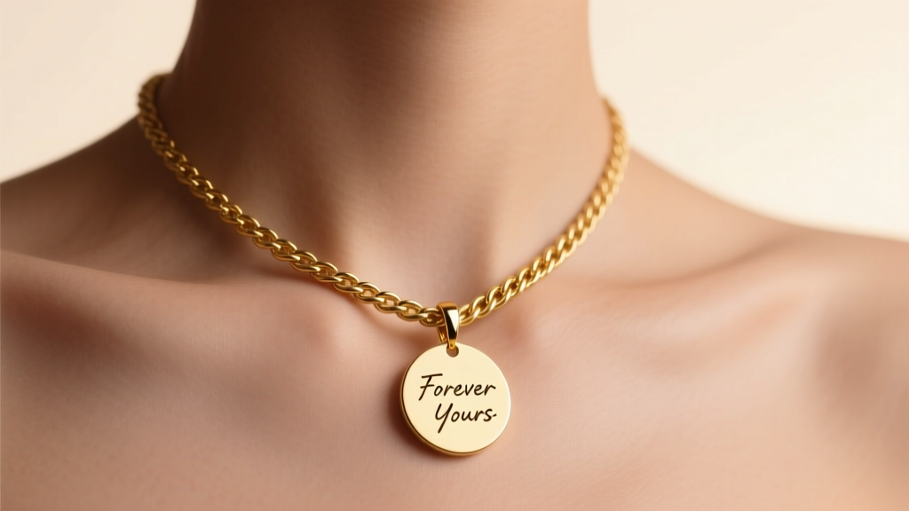 A 14k gold rope chain on a collarbone, showing a laser-engraved handwriting pendant under soft, warm studio lighting.