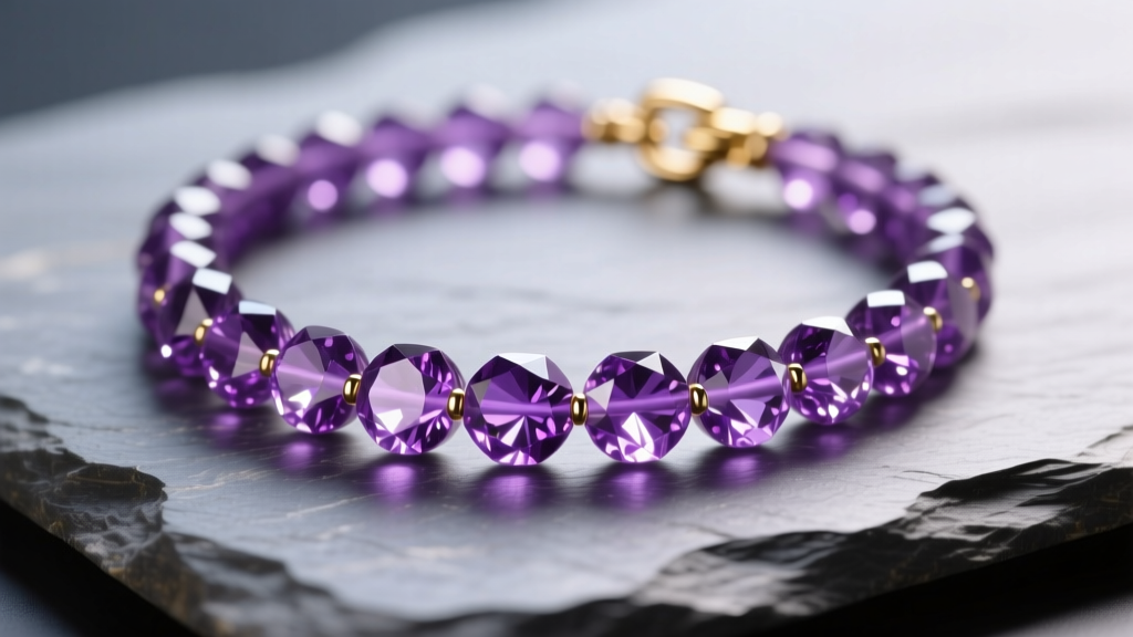 Macro shot of 8mm faceted amethyst bead necklace on slate, showing deep violet inclusions, light refraction, and a gold clasp.