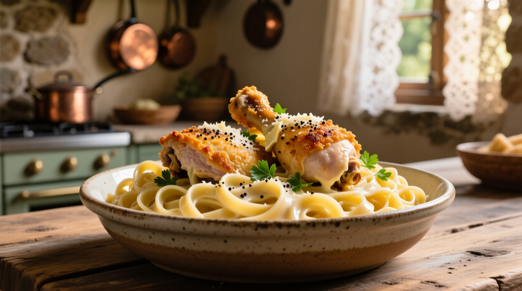 Creamy fettuccine alfredo with golden chicken