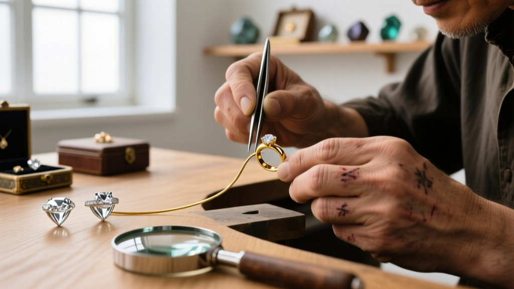 Macro shot of a jeweler's hands restringing a mother of pearl necklace using white silk thread and a flexible beading needle.