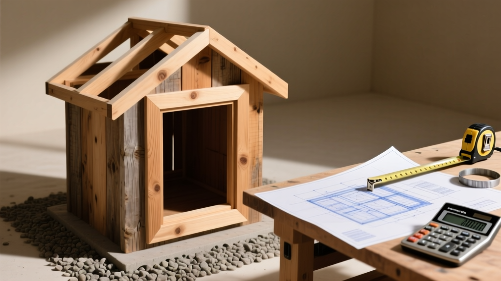 8x10 shed wood framing on a gravel pad with exposed rafters, next to blueprints, a tape measure, and a construction budget calculator.