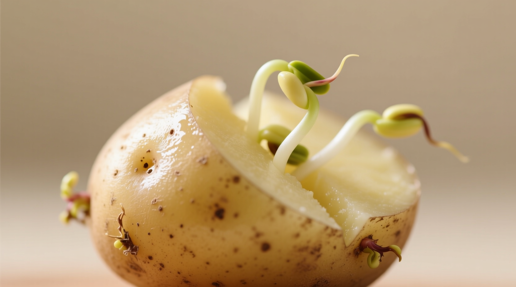 Close-up of properly prepared sprouted potato with sprouts removed