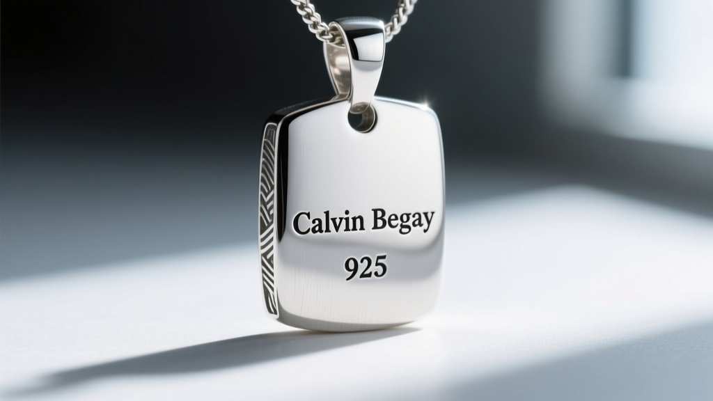 Extreme close-up of the back of a sterling silver pendant showing the stamped Calvin Begay and 925 hallmarks in crisp detail