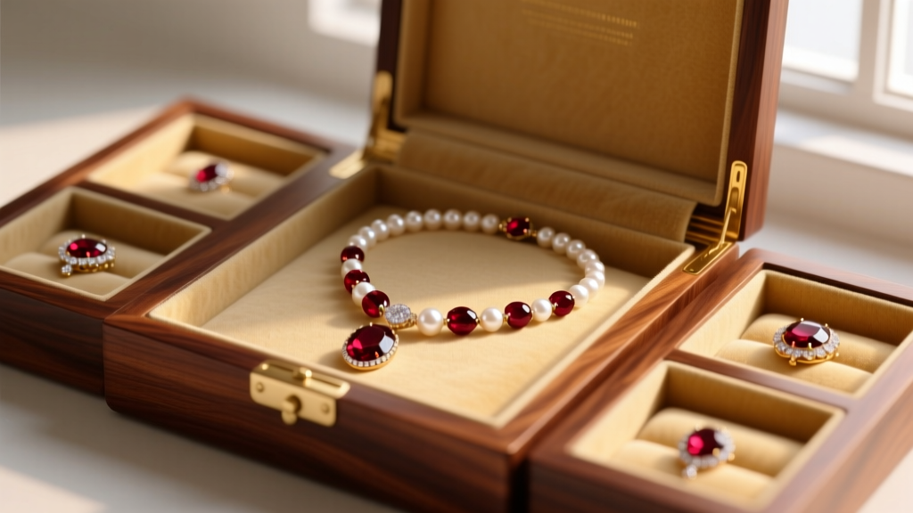 Lined mahogany jewelry box with individual soft fabric compartments storing a garnet and pearl necklace to prevent scratching
