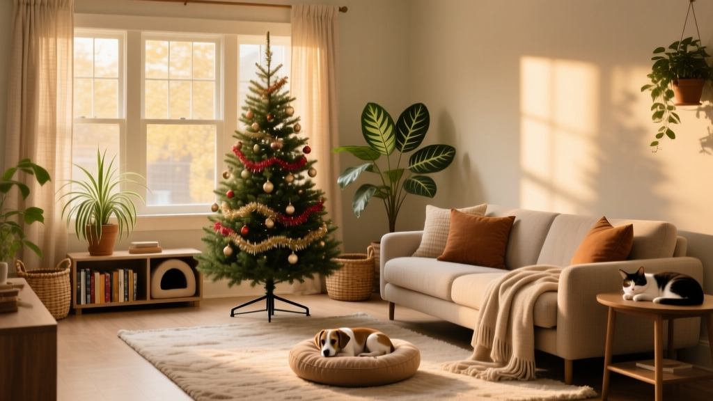 A decorated living room with clear pet-safe zones: no tinsel, secure tree base, non-toxic plants, and a designated quiet retreat area