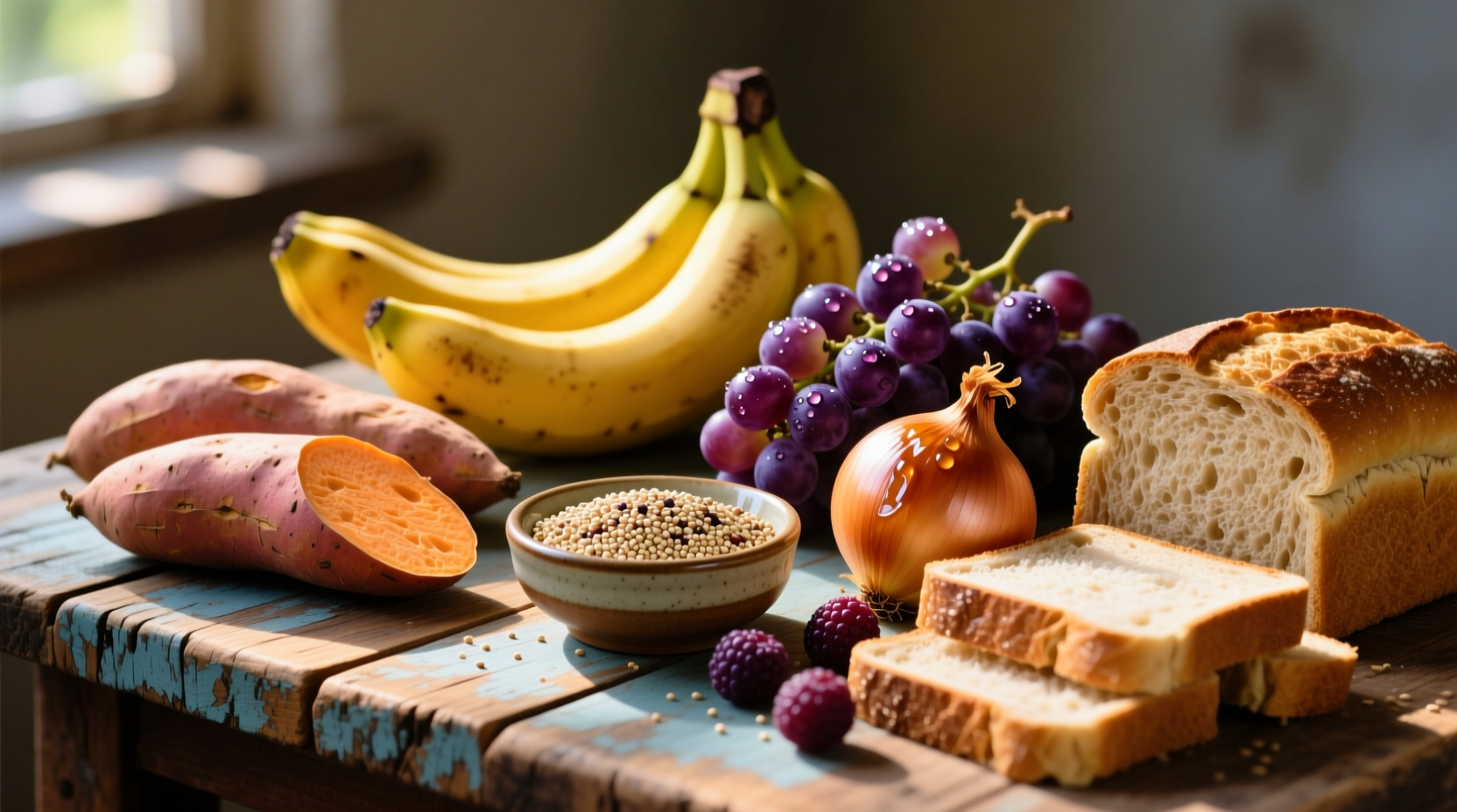 Colorful display of carbohydrate-rich whole foods on wooden table