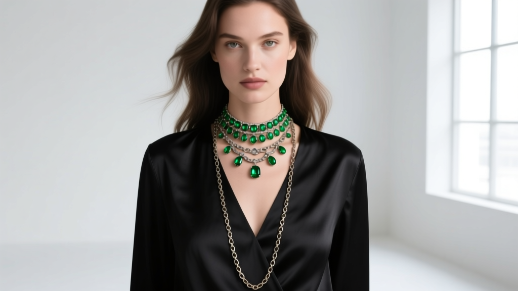 Model wearing a layered antique peridot choker and long chain over a black silk V-neck blouse, highlighting vibrant green gems.