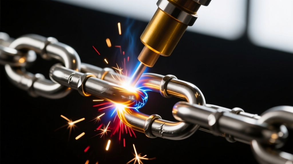 Macro shot of a pulse arc welder fusing a 1.5mm 316L stainless steel curb chain link, lit by a bright argon-shielded welding spark.