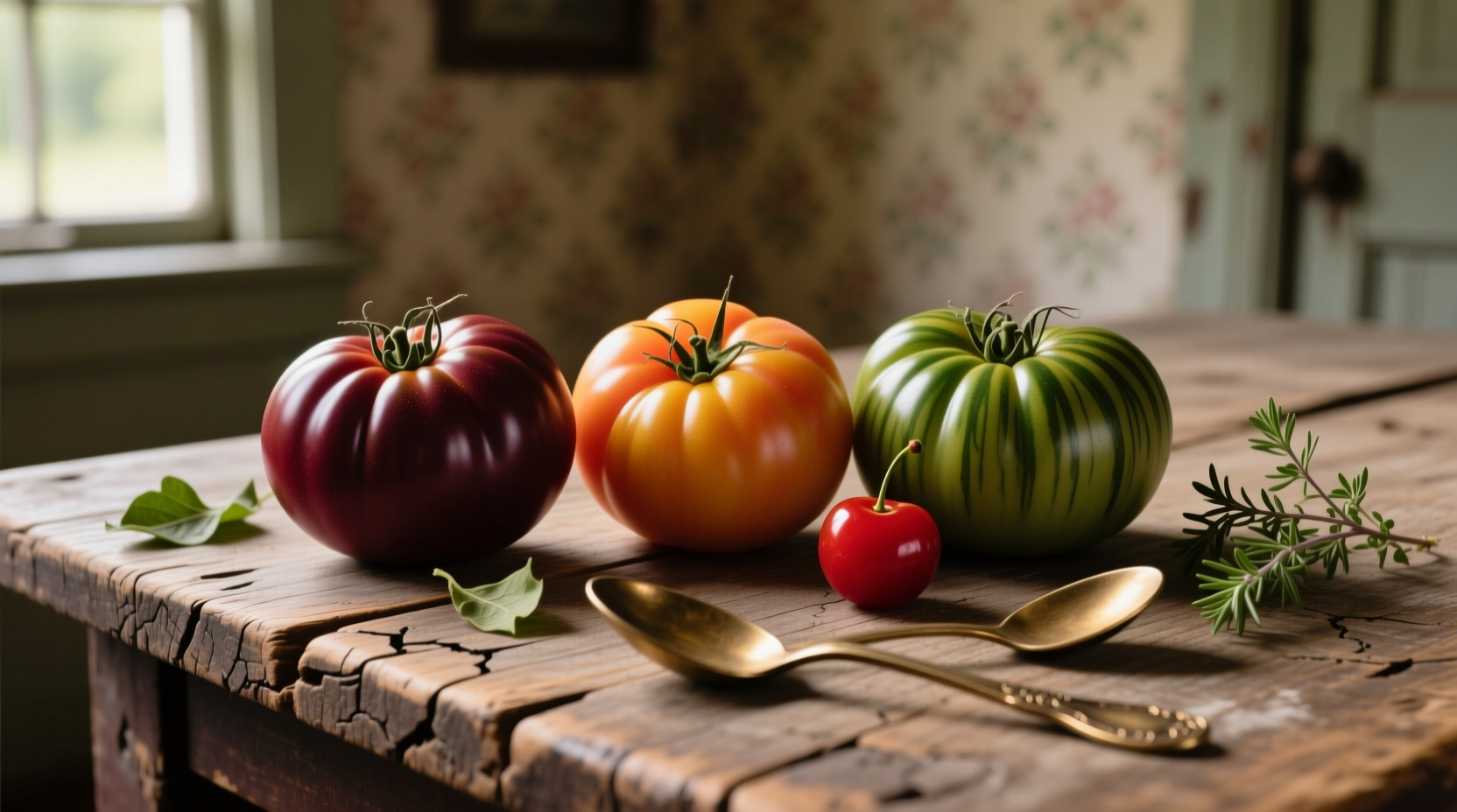 Heirloom tomato varieties on wooden table