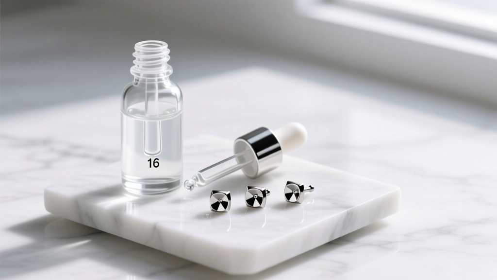 Glass dropper bottle of clear earring care solution beside 16-gauge titanium labret studs resting on a bright white marble slab.