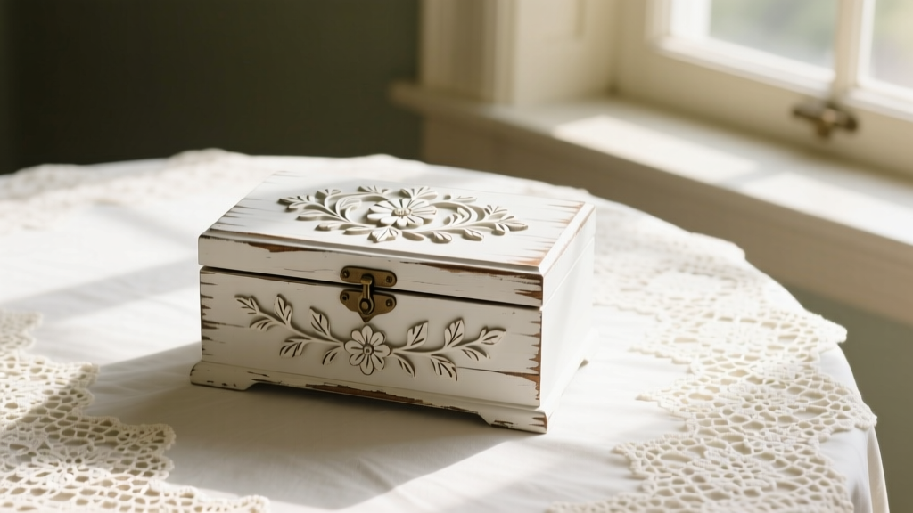 Distressed white Rachel Ashwell wooden jewelry box with floral accents resting on a vintage lace tablecloth in soft morning light.
