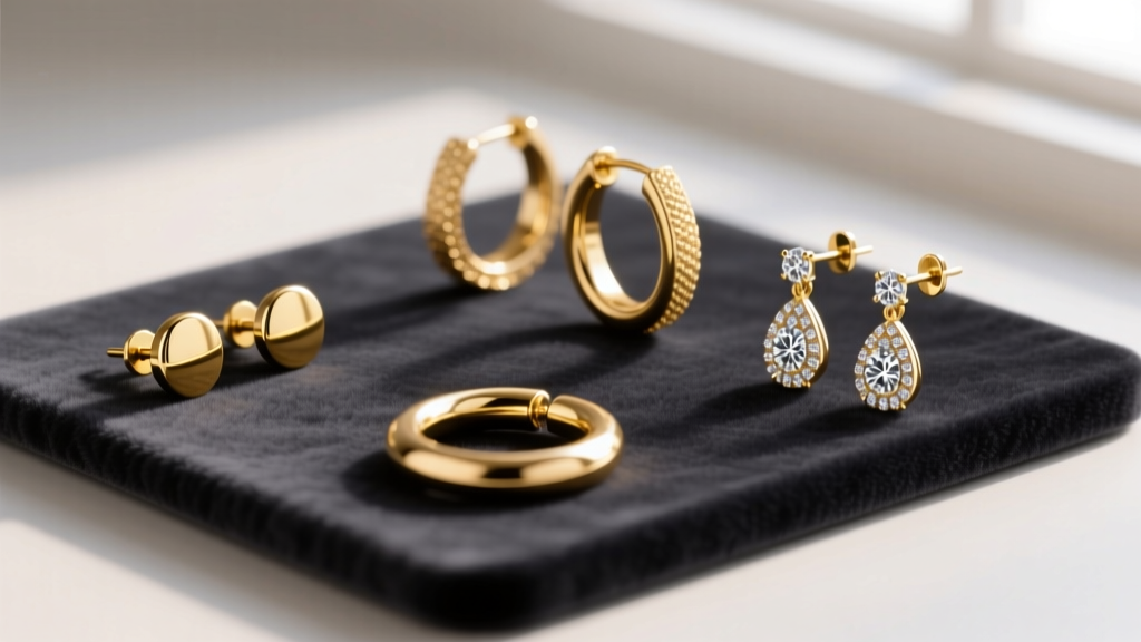 Flat lay of various gold earrings including 10k studs, gold vermeil huggies, and 14k diamond drops on a dark velvet display pad.